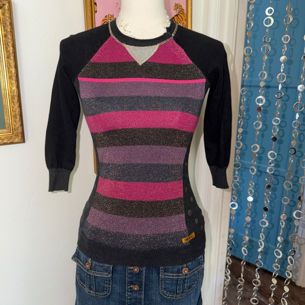 Vintage Y2k Euro Striped Pink and Black Women's Sweater